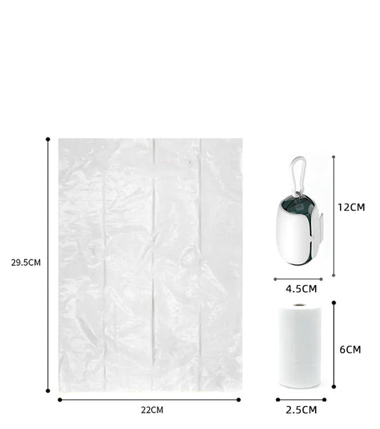 Toilet bag dispenser and cleaning supplies with bag dimensions, showcasing practical pet care solution.