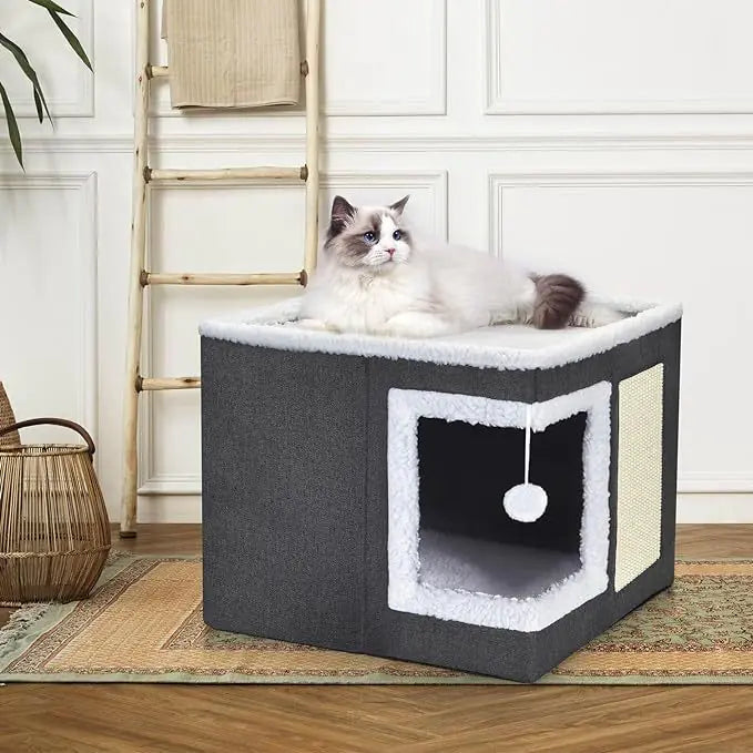 Maison pliable pour chat avec griffoir et balle