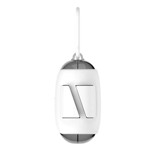 White toilet bag dispenser for cleaning supplies with a sleek design and hanging feature.