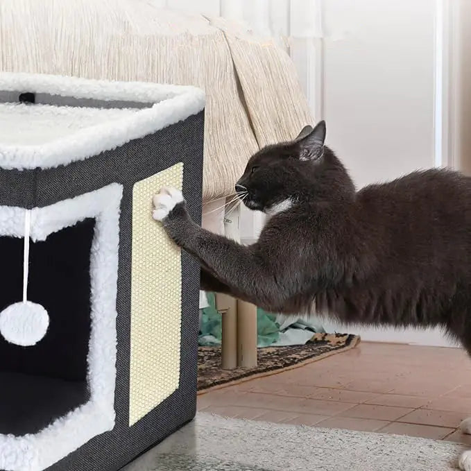 Maison pliable pour chat avec griffoir et balle